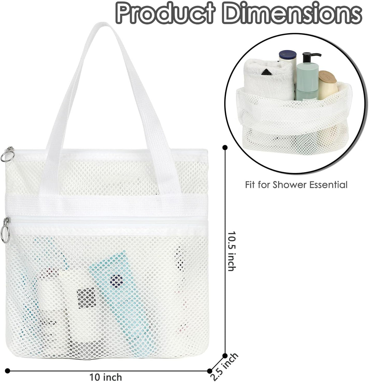 Mesh Shower Caddy Hanging Organizer with 7 Pockets and Hooks, Portable Quick Dry Bathroom Storage for College Dorm, Cruise, RV, Gym, Travel Toiletry Bag, White, 1 Pack