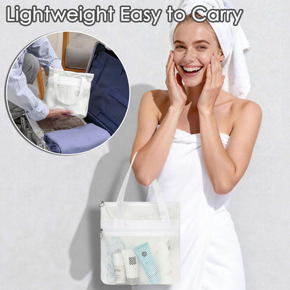 Mesh Shower Caddy Hanging Organizer with 7 Pockets and Hooks, Portable Quick Dry Bathroom Storage for College Dorm, Cruise, RV, Gym, Travel Toiletry Bag, White, 1 Pack