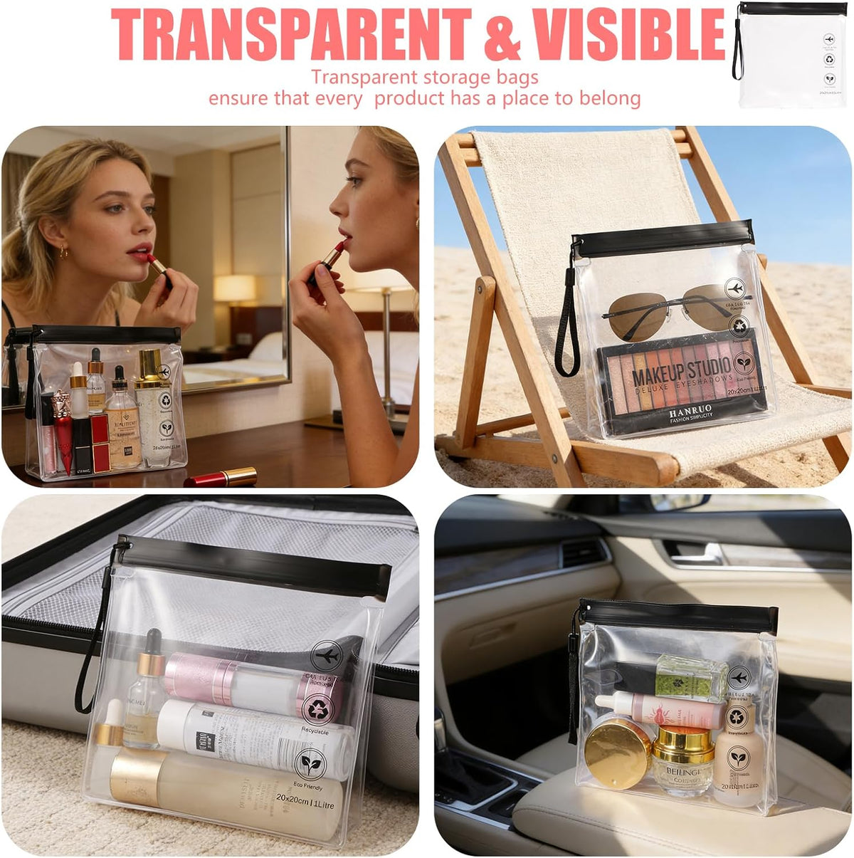 Reusable Quart Size TSA-Approved Toiletry Bag with Gusseted Bottom, Clear Makeup Cosmetic Bag Organizer, 4-Pack of 16 mil Quart Size Travel Bag for Toiletries, Carry-on Travel Accessories Essentials