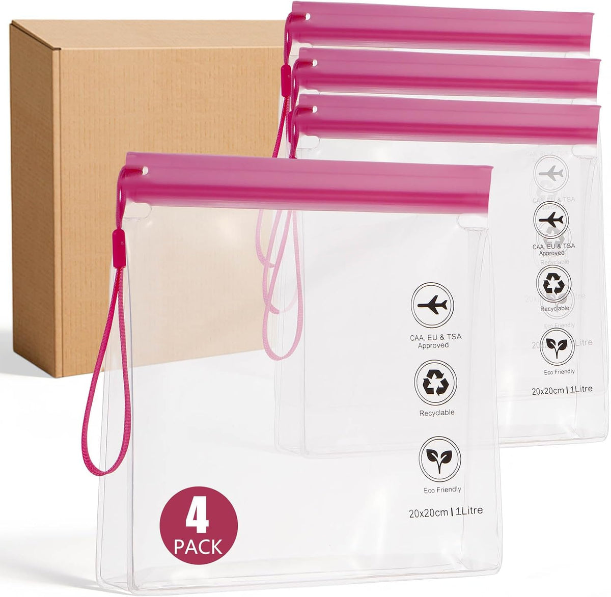 Reusable Quart Size TSA-Approved Toiletry Bag with Gusseted Bottom, Clear Makeup Cosmetic Bag Organizer, 4-Pack of 16 mil Quart Size Travel Bag for Toiletries, Carry-on Travel Accessories Essentials