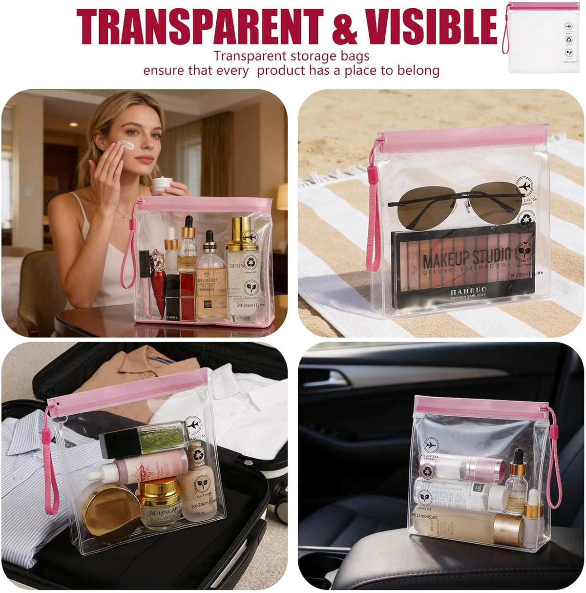 Reusable Quart Size TSA-Approved Toiletry Bag with Gusseted Bottom, Clear Makeup Cosmetic Bag Organizer, 4-Pack of 16 mil Quart Size Travel Bag for Toiletries, Carry-on Travel Accessories Essentials