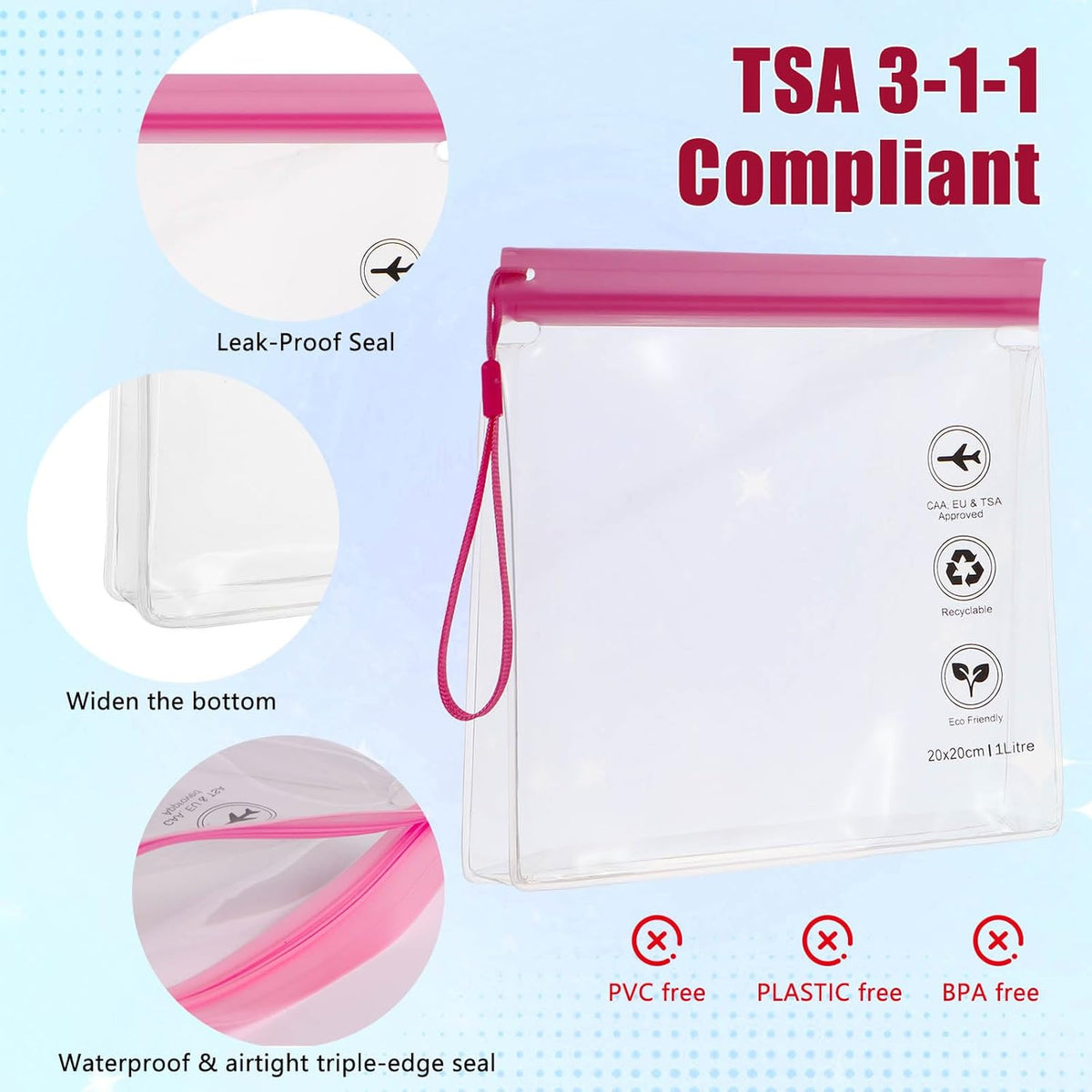 Reusable Quart Size TSA-Approved Toiletry Bag with Gusseted Bottom, Clear Makeup Cosmetic Bag Organizer, 4-Pack of 16 mil Quart Size Travel Bag for Toiletries, Carry-on Travel Accessories Essentials