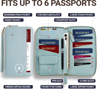 Travel Document Organizer - RFID Passport Wallet Case Family Holder Id Wristlet