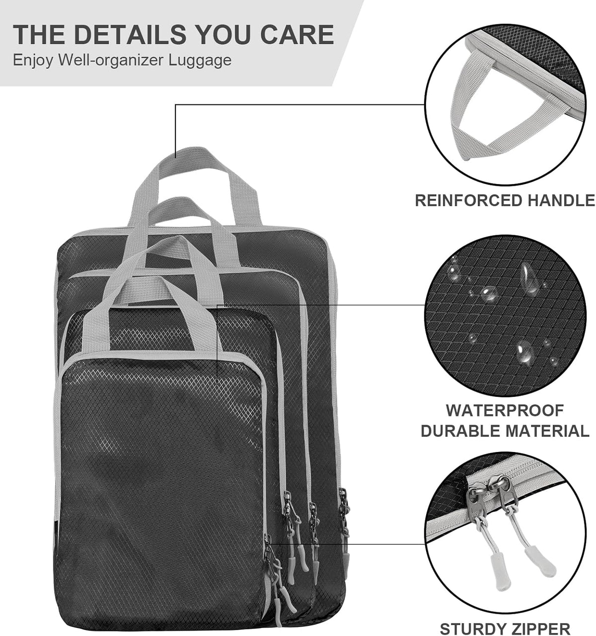 Compression Packing Cubes, Ultralight Packing Cubes for Carry on Suitcase, Travel Packing Essentials for Suitcase Organizer Bags Set, Durable Travel cubes for Luggage (Gray, Set of 4)