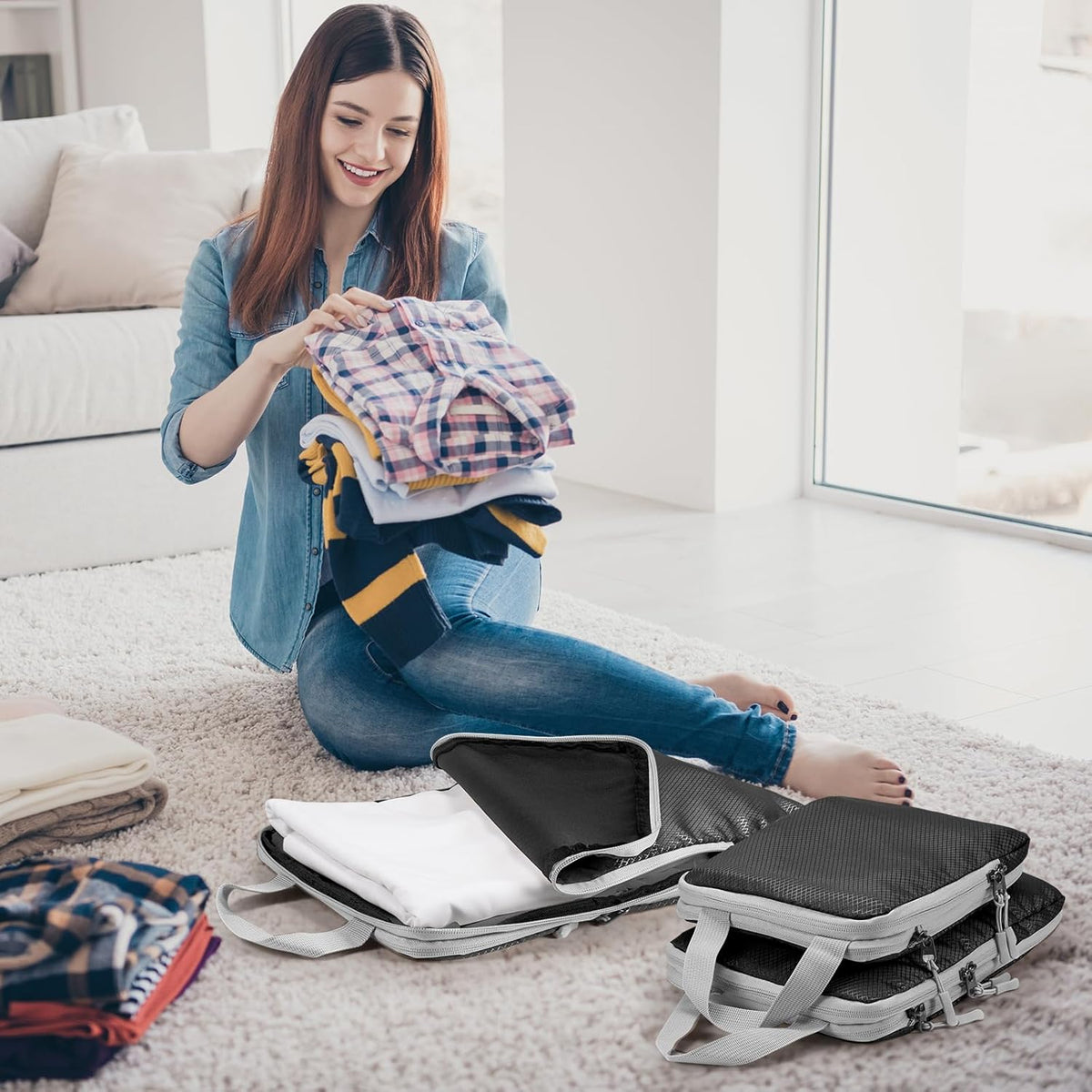 Compression Packing Cubes, Ultralight Packing Cubes for Carry on Suitcase, Travel Packing Essentials for Suitcase Organizer Bags Set, Durable Travel cubes for Luggage (Gray, Set of 4)