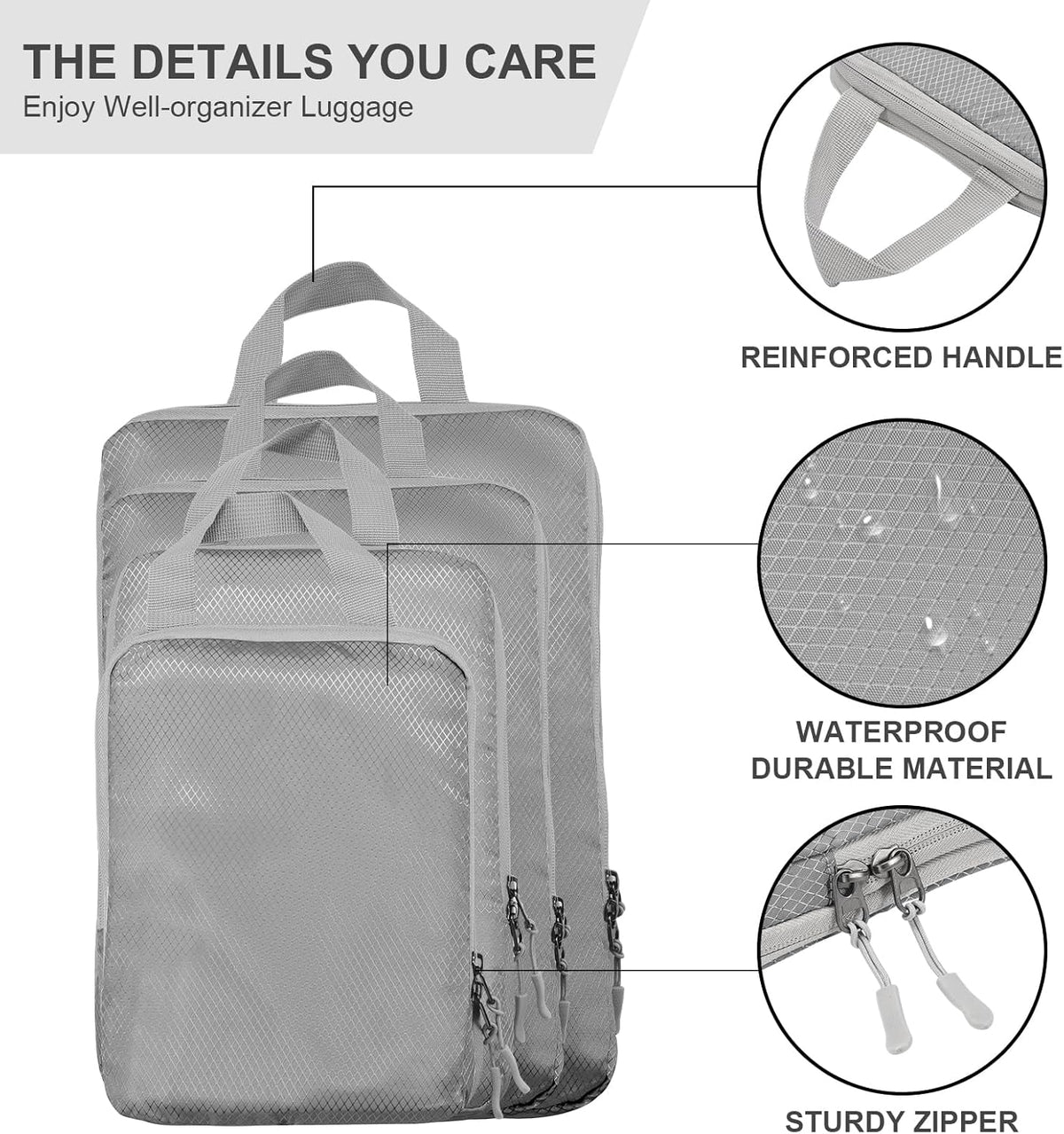 Compression Packing Cubes, Ultralight Packing Cubes for Carry on Suitcase, Travel Packing Essentials for Suitcase Organizer Bags Set, Durable Travel cubes for Luggage (Gray, Set of 4)