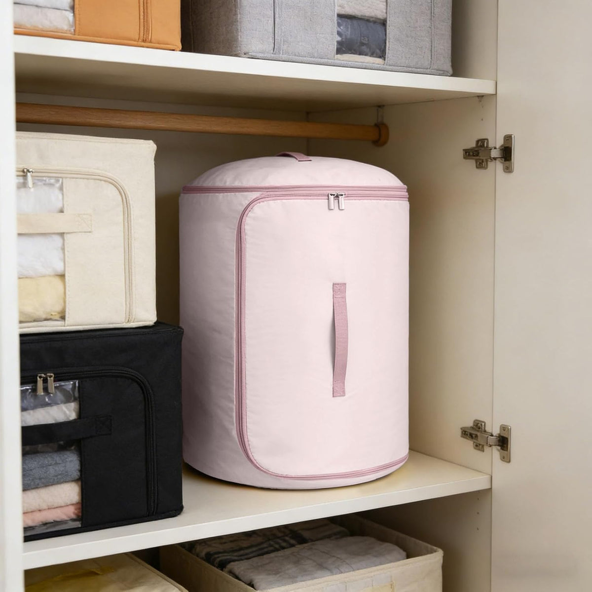 Ultra Space Saving Roll Up Self Compression Organizer, Washable Compression Bags, Cylindrical Storage Bag for Storage Blankets Clothes Quilts Moving (Pink#L)