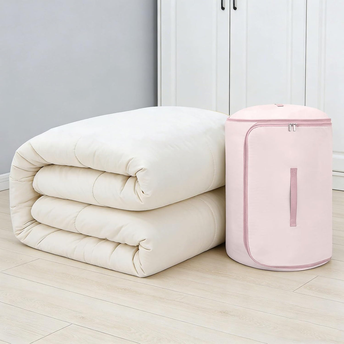 Ultra Space Saving Roll Up Self Compression Organizer, Washable Compression Bags, Cylindrical Storage Bag for Storage Blankets Clothes Quilts Moving (Pink#L)