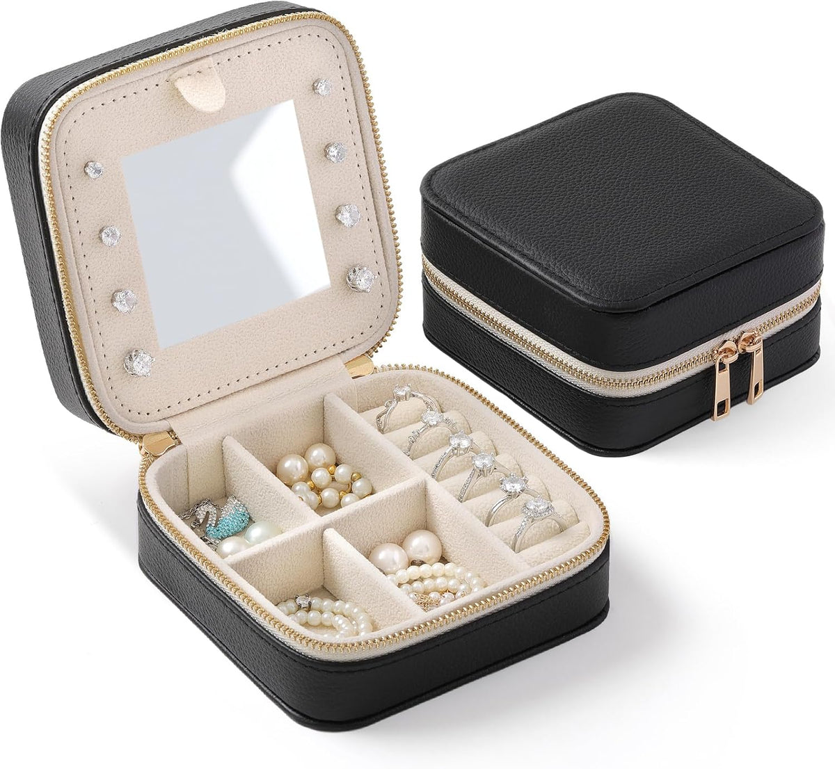 Genuine Leather Travel Jewelry Organizer Case with Mirror for Women, Small Mini Portable Jewelry Box for Ring Earrings Necklace Bracelet Luxury Gift for Women（Light Blue）