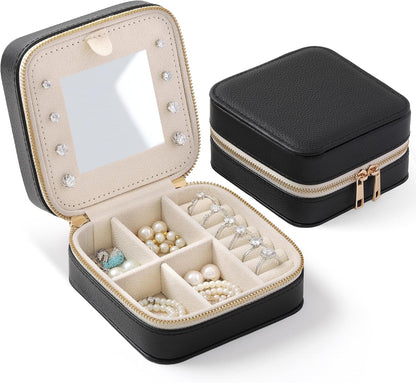 Genuine Leather Travel Jewelry Organizer Case with Mirror for Women, Small Mini Portable Jewelry Box for Ring Earrings Necklace Bracelet Luxury Gift for Women（Light Blue）