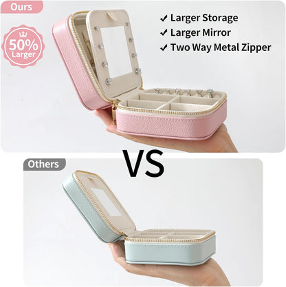 Genuine Leather Travel Jewelry Organizer Case with Mirror for Women, Small Mini Portable Jewelry Box for Ring Earrings Necklace Bracelet Luxury Gift for Women（Light Blue）