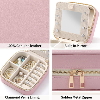 Genuine Leather Travel Jewelry Organizer Case with Mirror for Women, Small Mini Portable Jewelry Box for Ring Earrings Necklace Bracelet Luxury Gift for Women（Light Blue）