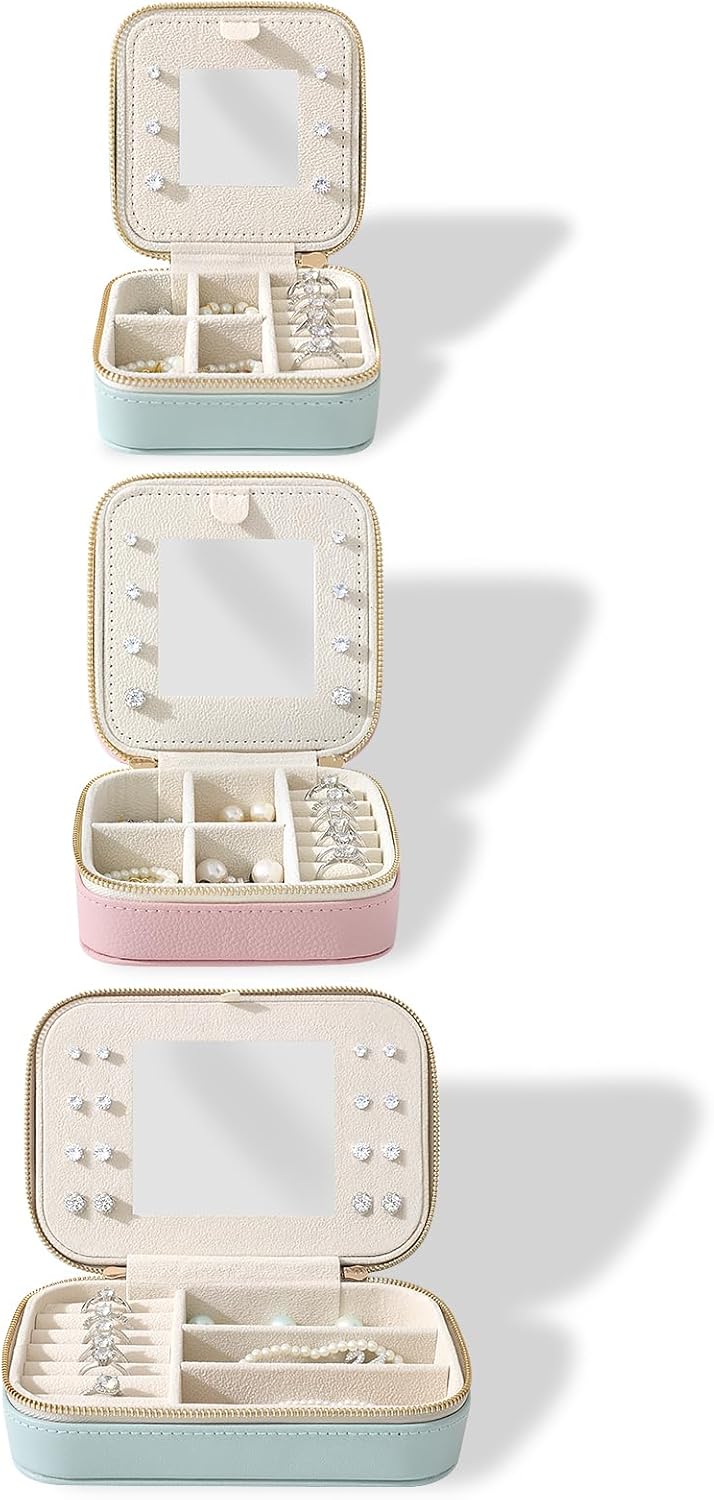 Genuine Leather Travel Jewelry Organizer Case with Mirror for Women, Small Mini Portable Jewelry Box for Ring Earrings Necklace Bracelet Luxury Gift for Women（Light Blue）