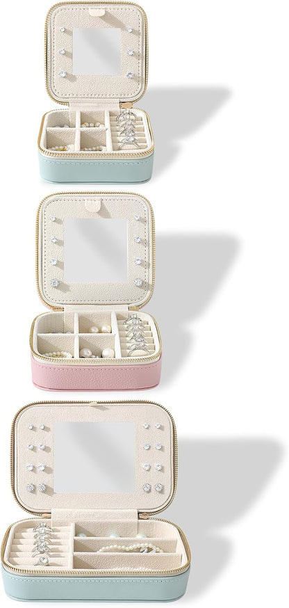 Genuine Leather Travel Jewelry Organizer Case with Mirror for Women, Small Mini Portable Jewelry Box for Ring Earrings Necklace Bracelet Luxury Gift for Women（Light Blue）