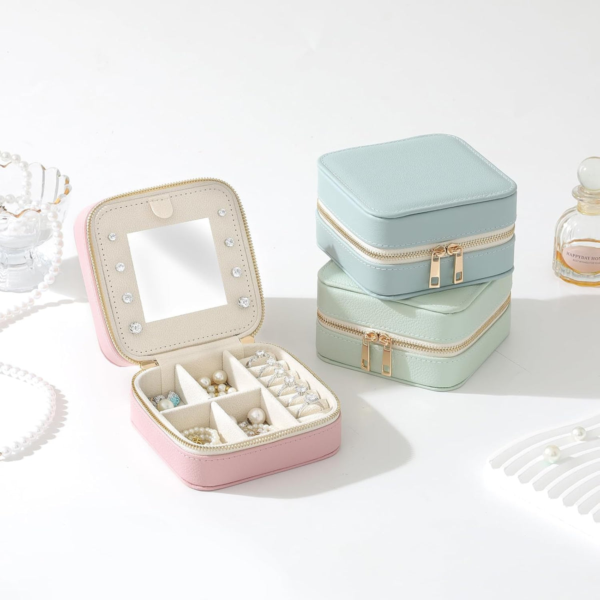 Genuine Leather Travel Jewelry Organizer Case with Mirror for Women, Small Mini Portable Jewelry Box for Ring Earrings Necklace Bracelet Luxury Gift for Women（Light Blue）