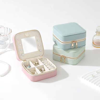 Genuine Leather Travel Jewelry Organizer Case with Mirror for Women, Small Mini Portable Jewelry Box for Ring Earrings Necklace Bracelet Luxury Gift for Women（Light Blue）