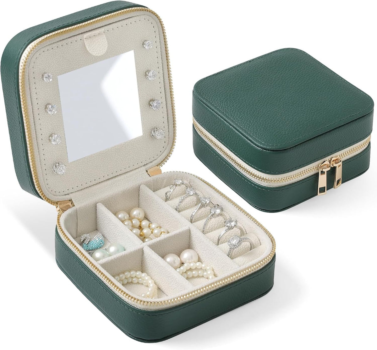 Genuine Leather Travel Jewelry Organizer Case with Mirror for Women, Small Mini Portable Jewelry Box for Ring Earrings Necklace Bracelet Luxury Gift for Women（Light Blue）