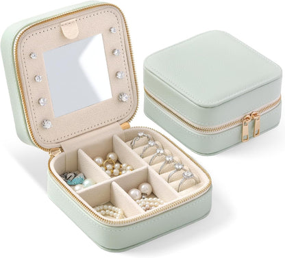 Genuine Leather Travel Jewelry Organizer Case with Mirror for Women, Small Mini Portable Jewelry Box for Ring Earrings Necklace Bracelet Luxury Gift for Women（Light Blue）