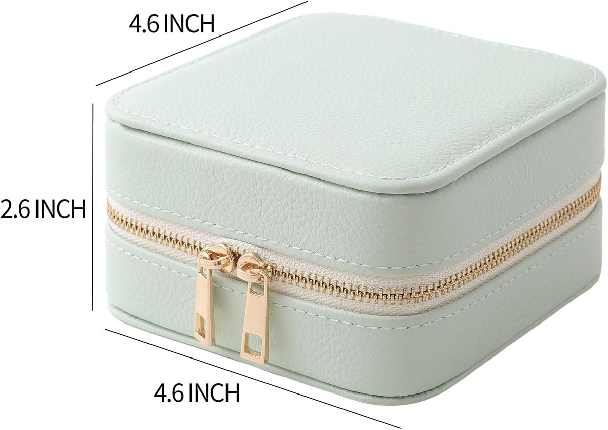Genuine Leather Travel Jewelry Organizer Case with Mirror for Women, Small Mini Portable Jewelry Box for Ring Earrings Necklace Bracelet Luxury Gift for Women（Light Blue）