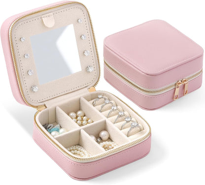 Genuine Leather Travel Jewelry Organizer Case with Mirror for Women, Small Mini Portable Jewelry Box for Ring Earrings Necklace Bracelet Luxury Gift for Women（Light Blue）