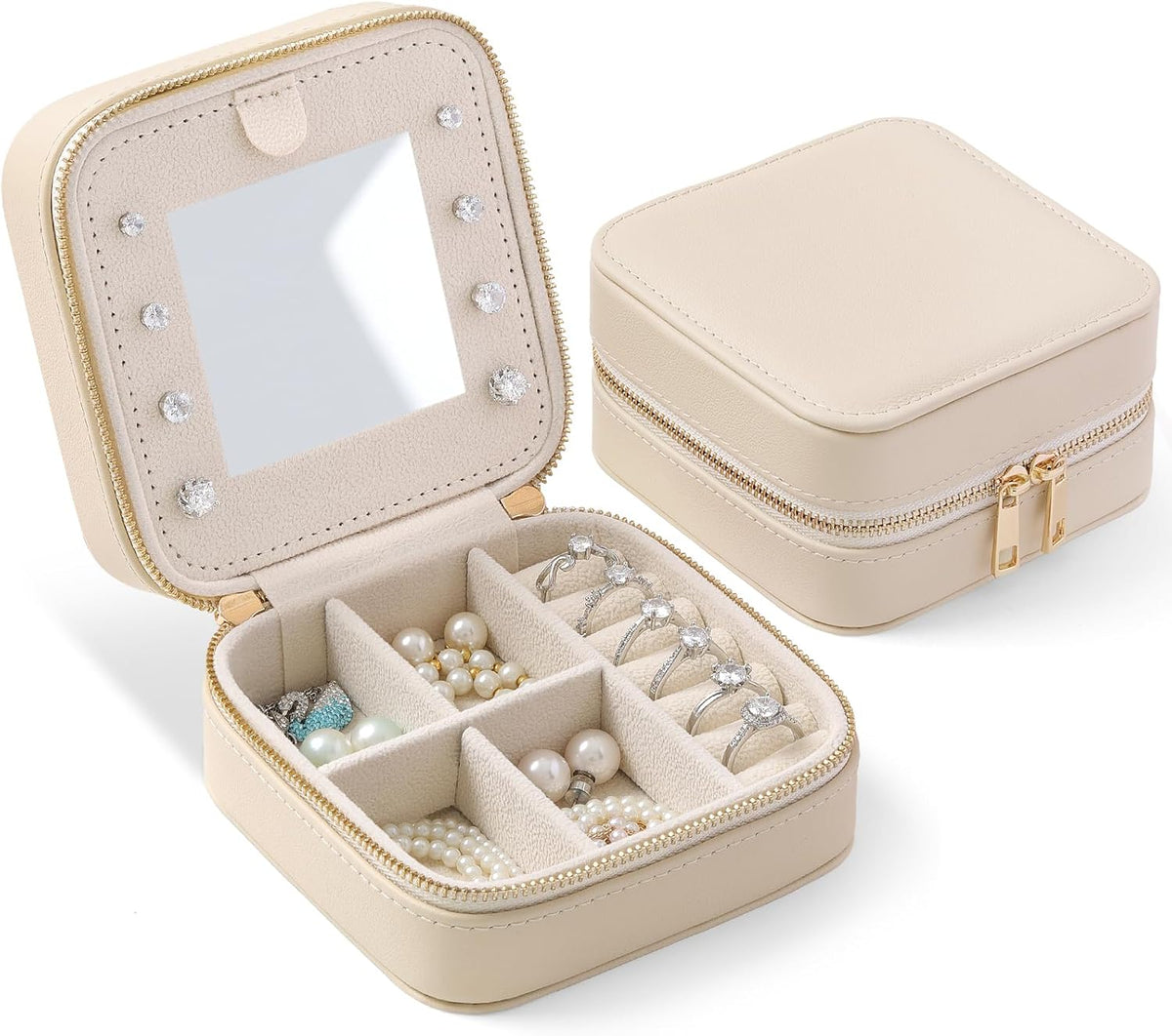 Genuine Leather Travel Jewelry Organizer Case with Mirror for Women, Small Mini Portable Jewelry Box for Ring Earrings Necklace Bracelet Luxury Gift for Women（Light Blue）