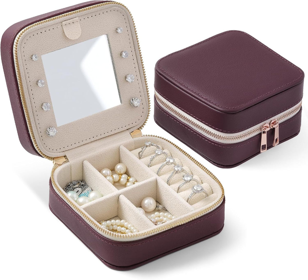 Genuine Leather Travel Jewelry Organizer Case with Mirror for Women, Small Mini Portable Jewelry Box for Ring Earrings Necklace Bracelet Luxury Gift for Women（Light Blue）