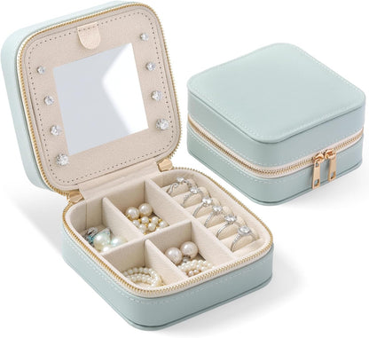 Genuine Leather Travel Jewelry Organizer Case with Mirror for Women, Small Mini Portable Jewelry Box for Ring Earrings Necklace Bracelet Luxury Gift for Women（Light Blue）
