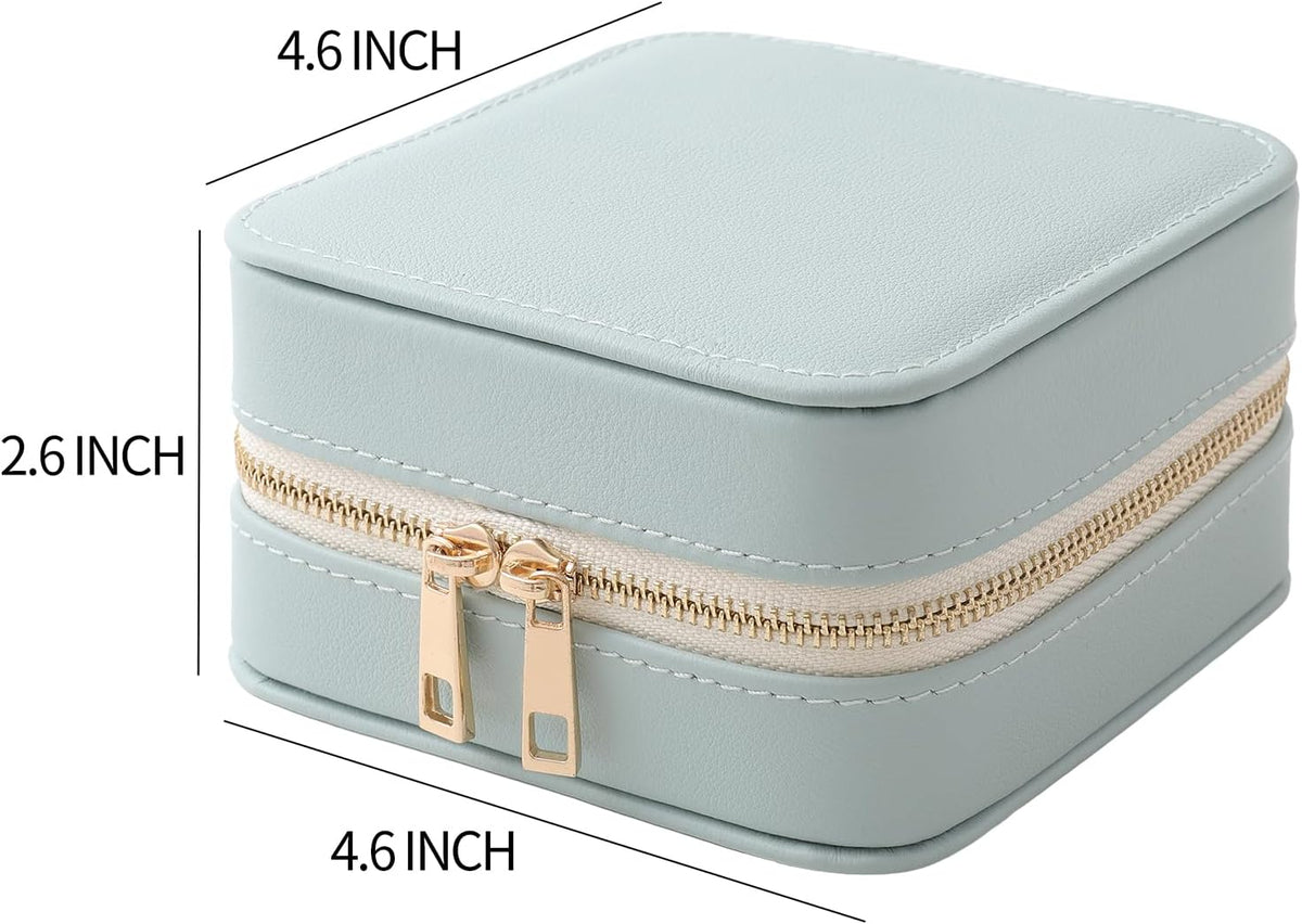 Genuine Leather Travel Jewelry Organizer Case with Mirror for Women, Small Mini Portable Jewelry Box for Ring Earrings Necklace Bracelet Luxury Gift for Women（Light Blue）