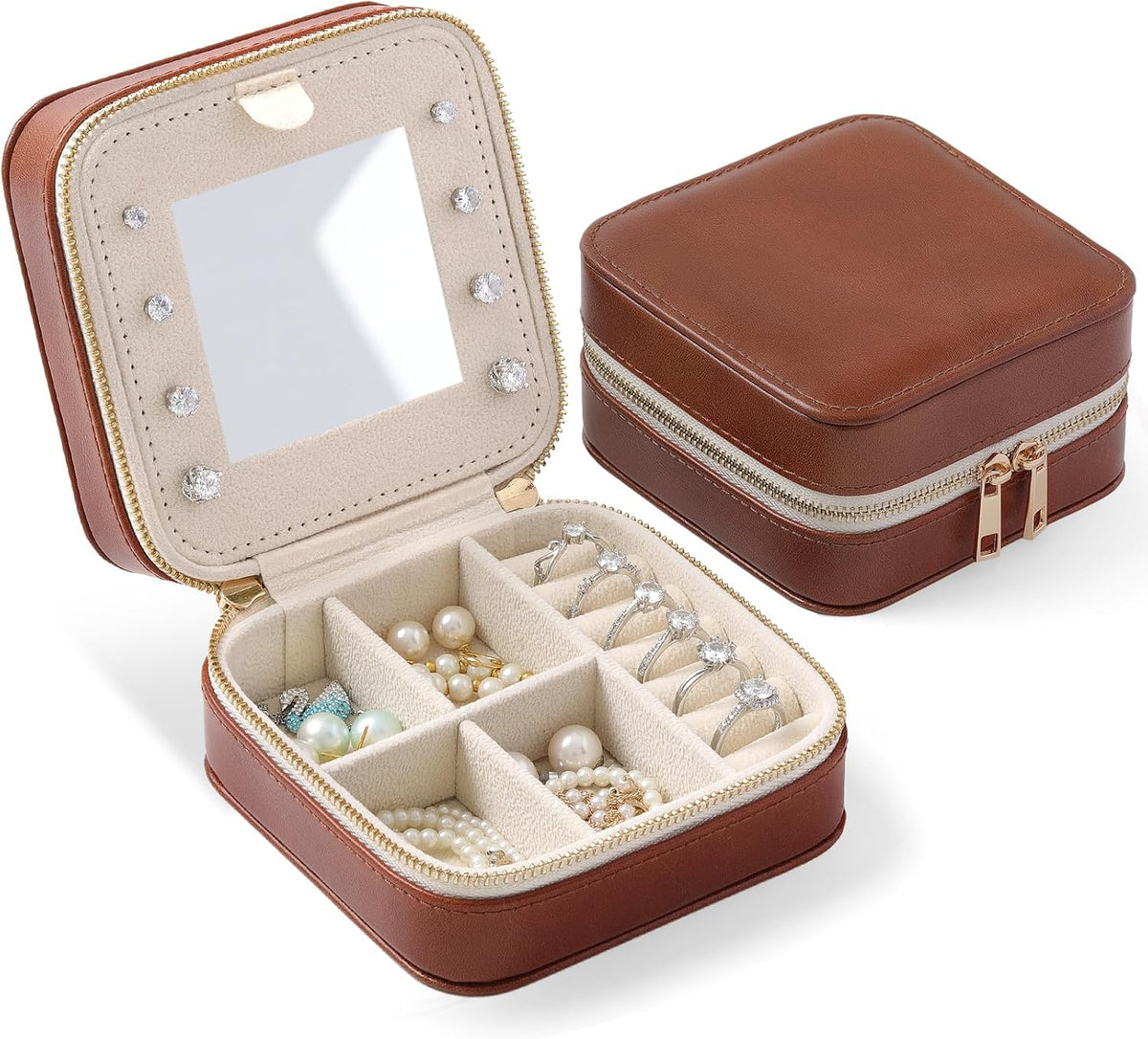 Genuine Leather Travel Jewelry Organizer Case with Mirror for Women, Small Mini Portable Jewelry Box for Ring Earrings Necklace Bracelet Luxury Gift for Women（Light Blue）