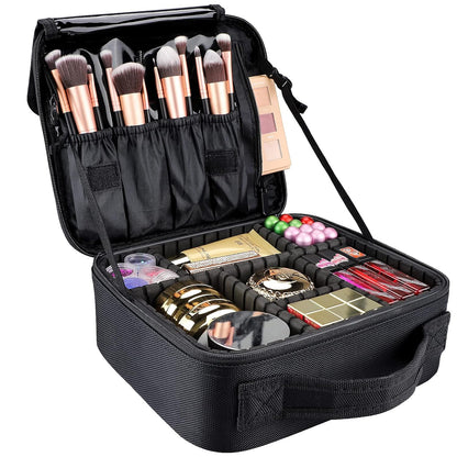 Large Capacity Travel Makeup Train Case,Professional Cosmetic Bags for Women,Portable Makeup Brush Bag Organizer Storage with Adjustable Dividers and Shoulder Strap
