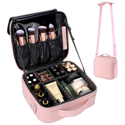 Large Capacity Travel Makeup Train Case,Professional Cosmetic Bags for Women,Portable Makeup Brush Bag Organizer Storage with Adjustable Dividers and Shoulder Strap