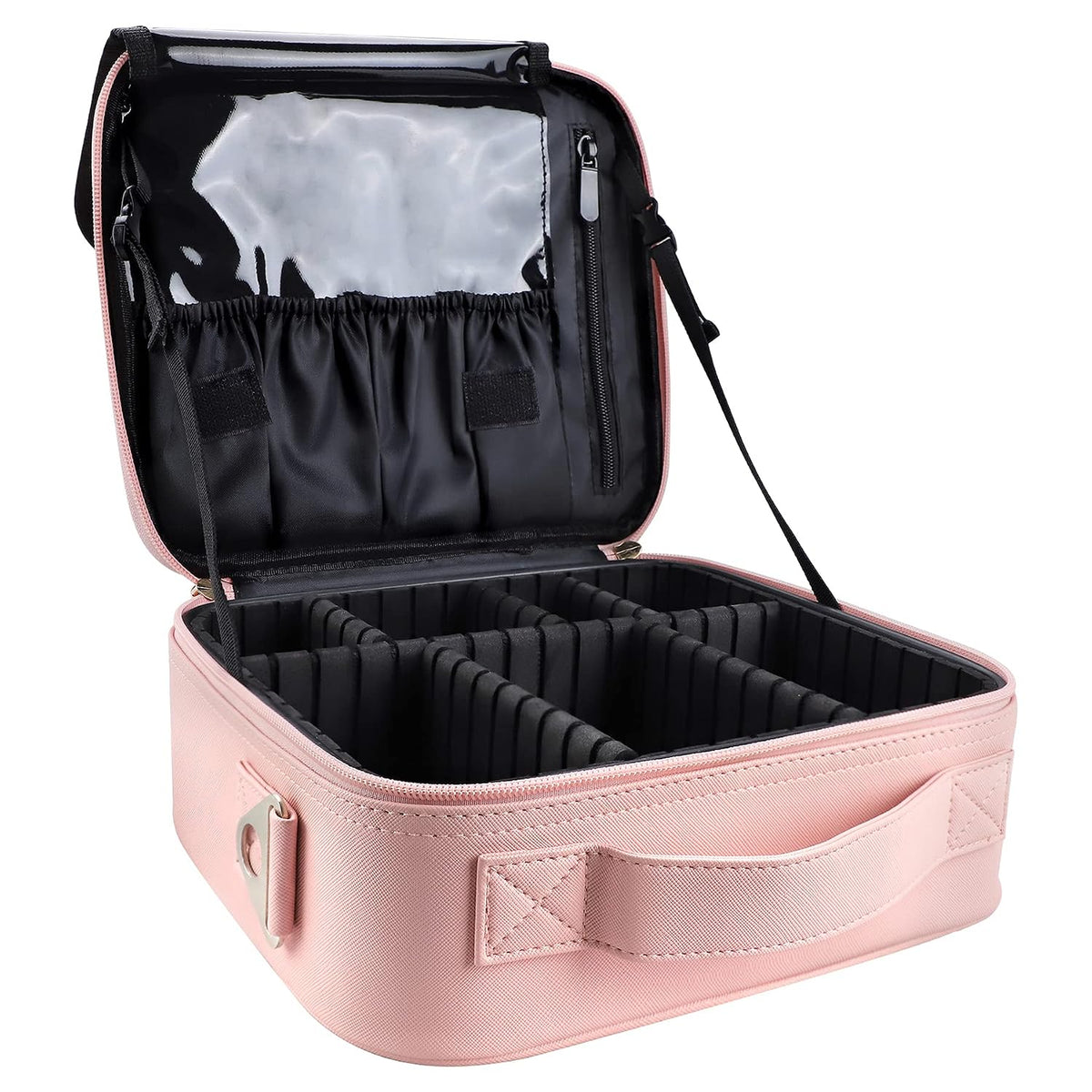 Large Capacity Travel Makeup Train Case,Professional Cosmetic Bags for Women,Portable Makeup Brush Bag Organizer Storage with Adjustable Dividers and Shoulder Strap