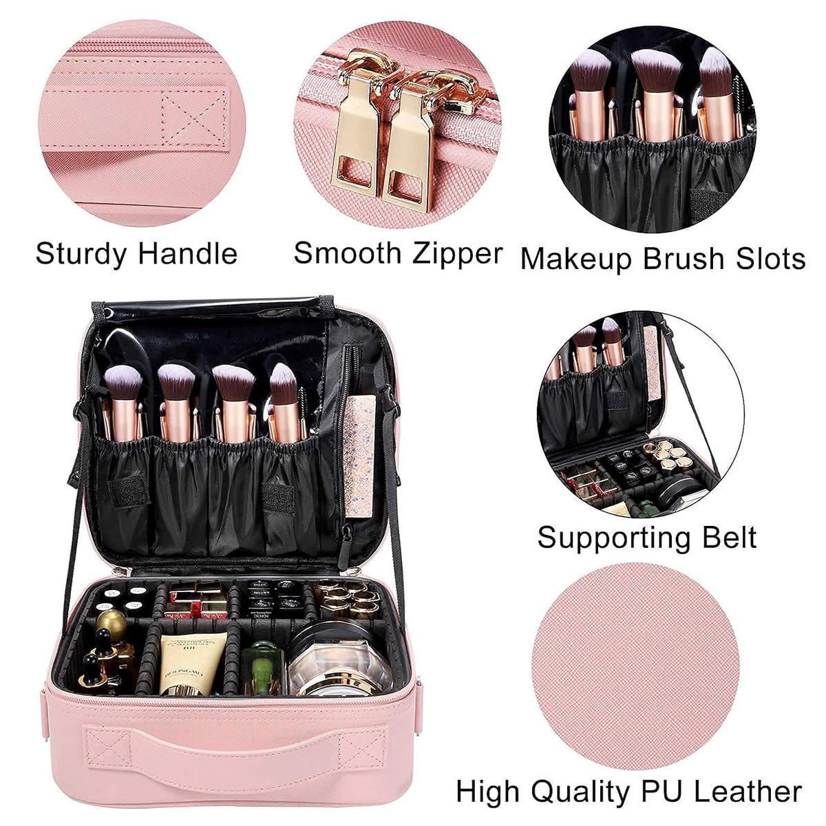 Large Capacity Travel Makeup Train Case,Professional Cosmetic Bags for Women,Portable Makeup Brush Bag Organizer Storage with Adjustable Dividers and Shoulder Strap