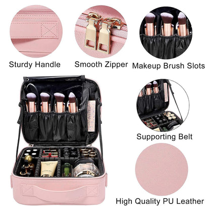 Large Capacity Travel Makeup Train Case,Professional Cosmetic Bags for Women,Portable Makeup Brush Bag Organizer Storage with Adjustable Dividers and Shoulder Strap