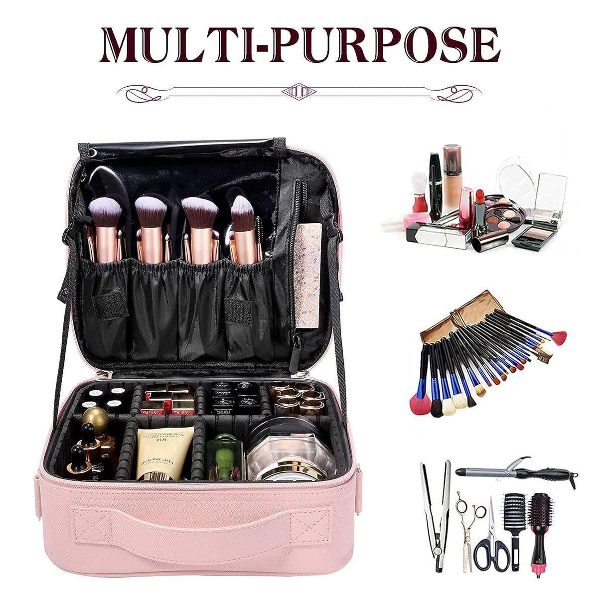 Large Capacity Travel Makeup Train Case,Professional Cosmetic Bags for Women,Portable Makeup Brush Bag Organizer Storage with Adjustable Dividers and Shoulder Strap