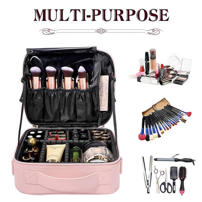 Large Capacity Travel Makeup Train Case,Professional Cosmetic Bags for Women,Portable Makeup Brush Bag Organizer Storage with Adjustable Dividers and Shoulder Strap