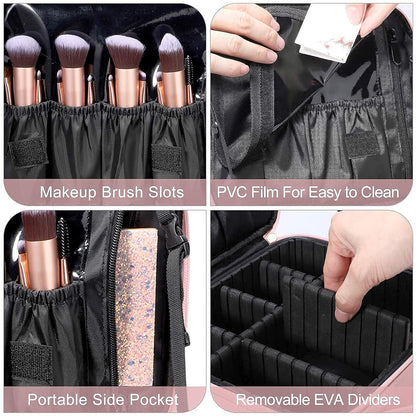 Large Capacity Travel Makeup Train Case,Professional Cosmetic Bags for Women,Portable Makeup Brush Bag Organizer Storage with Adjustable Dividers and Shoulder Strap