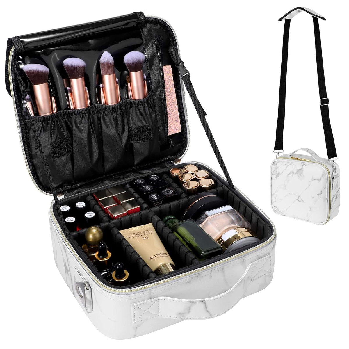 Large Capacity Travel Makeup Train Case,Professional Cosmetic Bags for Women,Portable Makeup Brush Bag Organizer Storage with Adjustable Dividers and Shoulder Strap