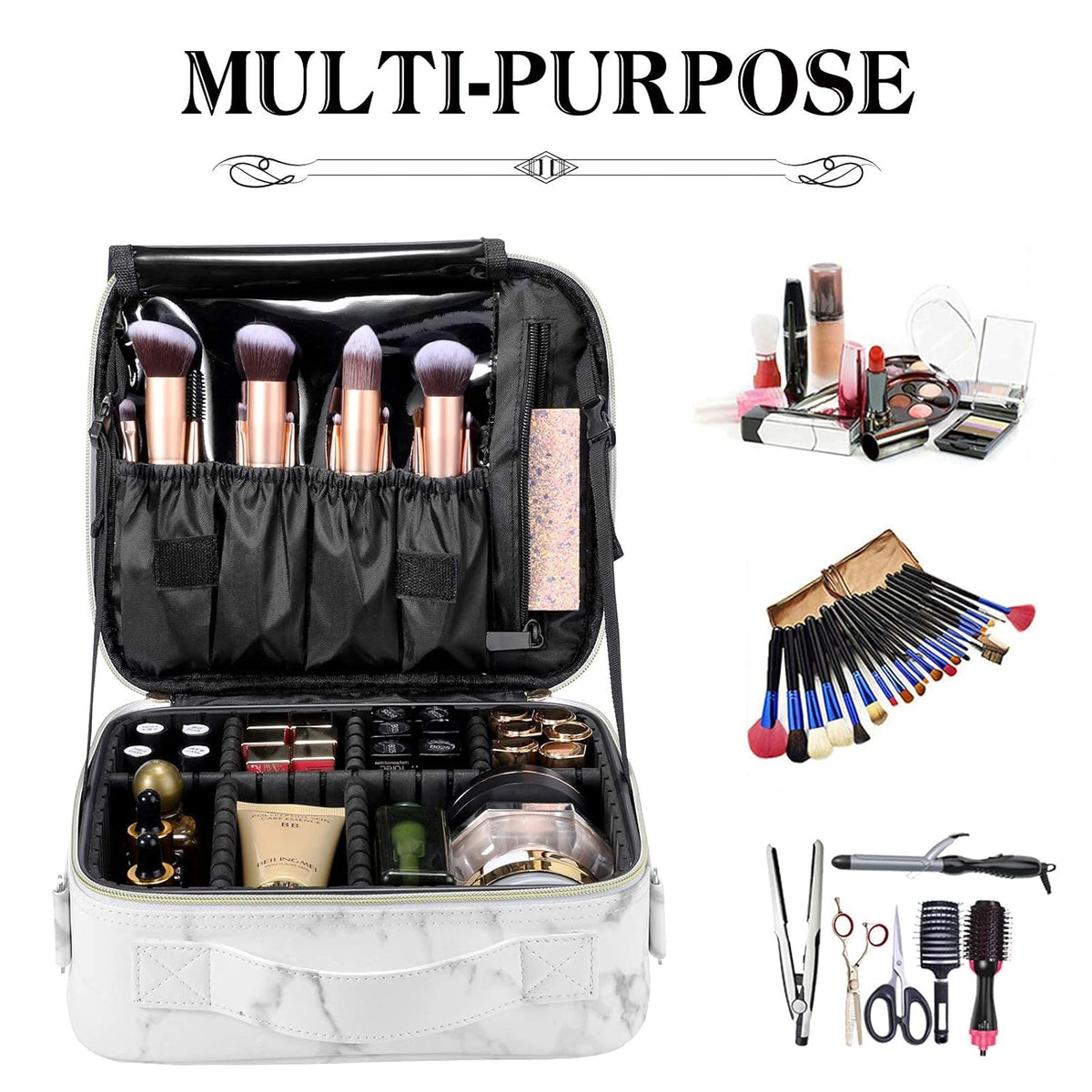 Large Capacity Travel Makeup Train Case,Professional Cosmetic Bags for Women,Portable Makeup Brush Bag Organizer Storage with Adjustable Dividers and Shoulder Strap