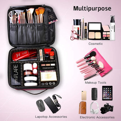 Large Capacity Travel Makeup Train Case,Professional Cosmetic Bags for Women,Portable Makeup Brush Bag Organizer Storage with Adjustable Dividers and Shoulder Strap