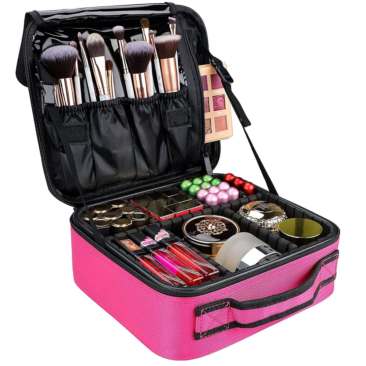 Large Capacity Travel Makeup Train Case,Professional Cosmetic Bags for Women,Portable Makeup Brush Bag Organizer Storage with Adjustable Dividers and Shoulder Strap