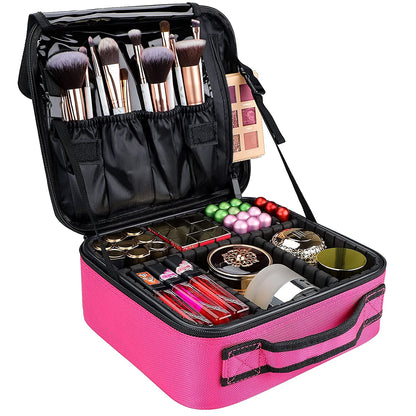 Large Capacity Travel Makeup Train Case,Professional Cosmetic Bags for Women,Portable Makeup Brush Bag Organizer Storage with Adjustable Dividers and Shoulder Strap