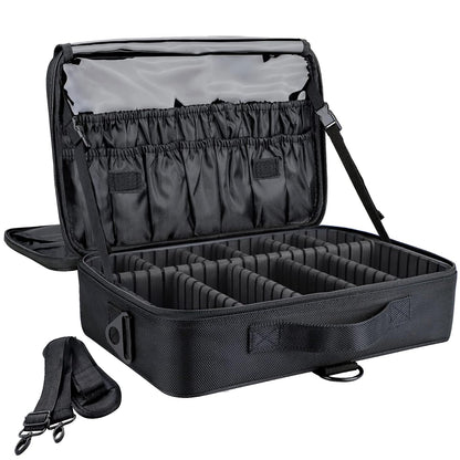 Large Capacity Travel Makeup Train Case,Professional Cosmetic Bags for Women,Portable Makeup Brush Bag Organizer Storage with Adjustable Dividers and Shoulder Strap