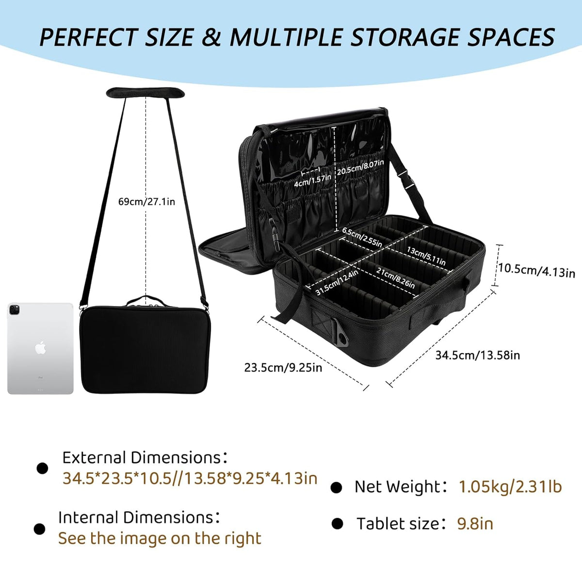 Large Capacity Travel Makeup Train Case,Professional Cosmetic Bags for Women,Portable Makeup Brush Bag Organizer Storage with Adjustable Dividers and Shoulder Strap