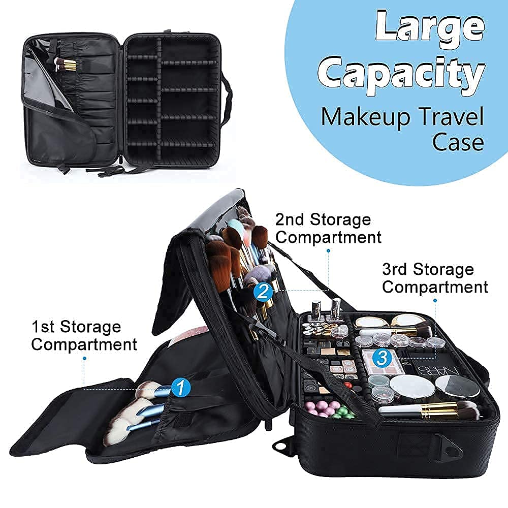 Large Capacity Travel Makeup Train Case,Professional Cosmetic Bags for Women,Portable Makeup Brush Bag Organizer Storage with Adjustable Dividers and Shoulder Strap