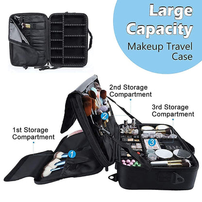 Large Capacity Travel Makeup Train Case,Professional Cosmetic Bags for Women,Portable Makeup Brush Bag Organizer Storage with Adjustable Dividers and Shoulder Strap