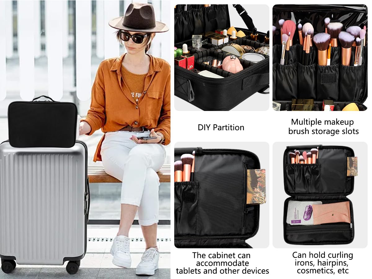 Large Capacity Travel Makeup Train Case,Professional Cosmetic Bags for Women,Portable Makeup Brush Bag Organizer Storage with Adjustable Dividers and Shoulder Strap