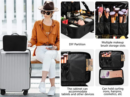 Large Capacity Travel Makeup Train Case,Professional Cosmetic Bags for Women,Portable Makeup Brush Bag Organizer Storage with Adjustable Dividers and Shoulder Strap