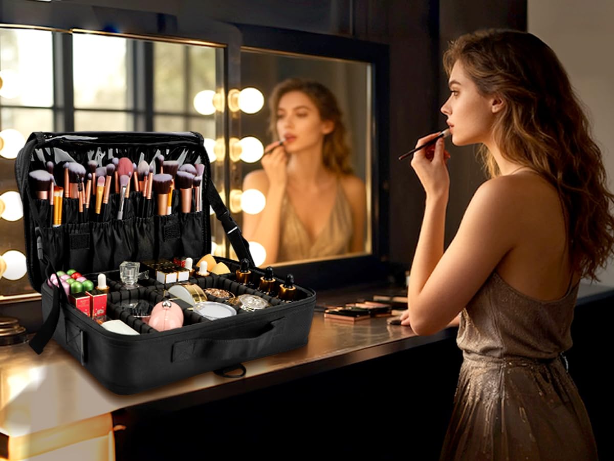 Large Capacity Travel Makeup Train Case,Professional Cosmetic Bags for Women,Portable Makeup Brush Bag Organizer Storage with Adjustable Dividers and Shoulder Strap