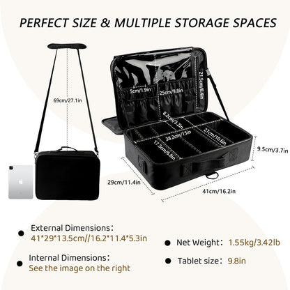 Large Capacity Travel Makeup Train Case,Professional Cosmetic Bags for Women,Portable Makeup Brush Bag Organizer Storage with Adjustable Dividers and Shoulder Strap